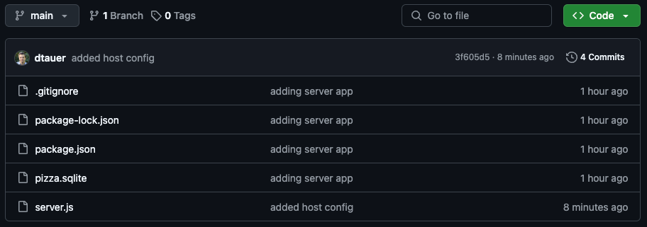 Node.js server application files in a GitHub repo